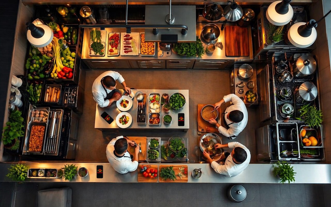 Cozinha de restaurante organizada com equipe trabalhando