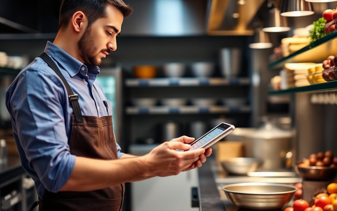Gestor de restaurante usando tablet para controle da operação