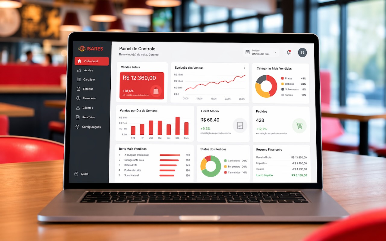 Dashboard ISARES com métricas de vendas e estoque